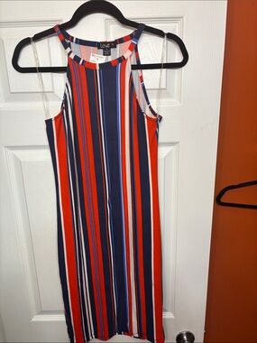 Discovery Red, Navy & White Striped Halter Dress